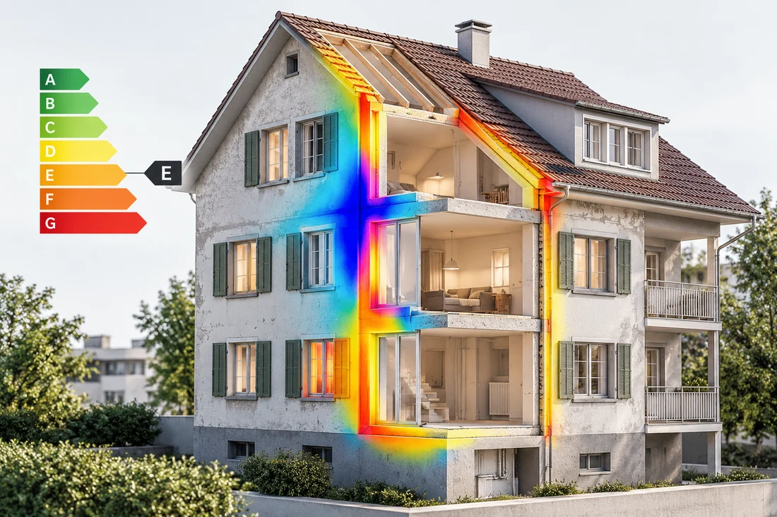 Visualisierung eines sanierungsbedürftigen Mehrfamilienhauses mit Wärmebilddarstellung und Energieklasse E