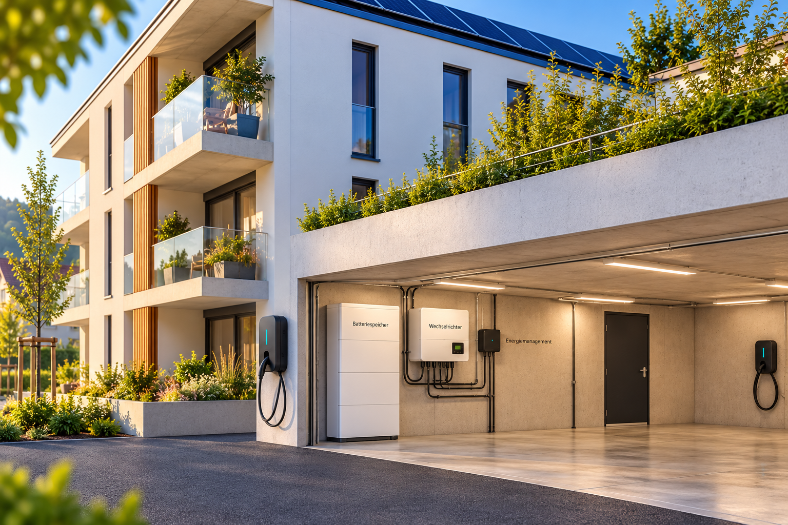 Mehrfamilienhaus mit Photovoltaik, Garage, Batteriespeicher und Ladestationen